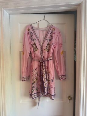 Banjanan Pink Embroidered V-Neck Tie-Waist Dress